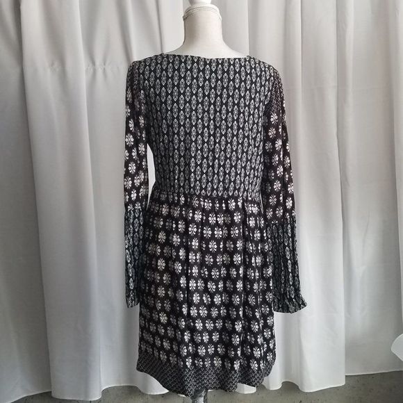Miami Boho Dress Black White Print Buttoned Bodice Long Sleeve Size Large - Picture 6 of 10